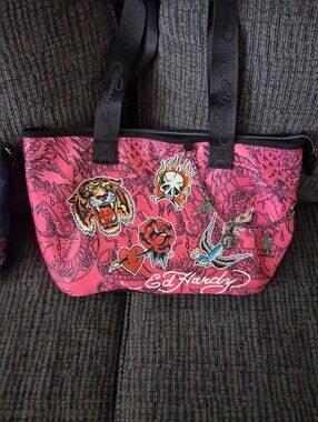 Ed Hardy Pink Tattoo-Graphic Tote with Chain